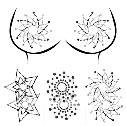 3 Paar Kristall Brustwarzenaufkleber Sexy Rhinestone Nipple Cover Sticker Glitzer Strass Quaste Nippelschmuck Nipple Cover Karneval Weihnachten Blütenblatt Tattoo Brustaufkleber für Frauen (Schwarz)