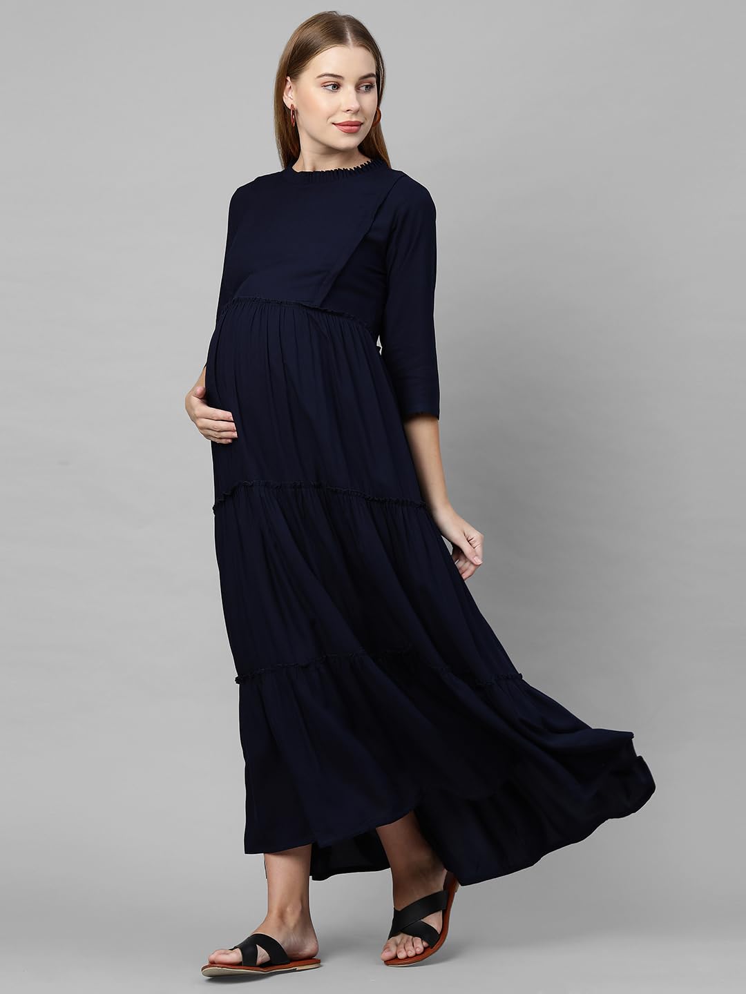 MomToBe Women's Rayon Maternity Dress/Pregnancy Dress/Easy Breastfeeding Dress/Feeding Dress/Western Dress with Zippers for Nursing Pre and Post Pregnancy (Navy Blue ; Large) 1