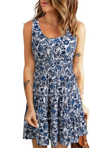 Image of Dokotoo Womens Summer Dresses 2026 Sleeveless Button Down Smocked Empire Waist Ruffle Tiered Casual Swing Mini Dress