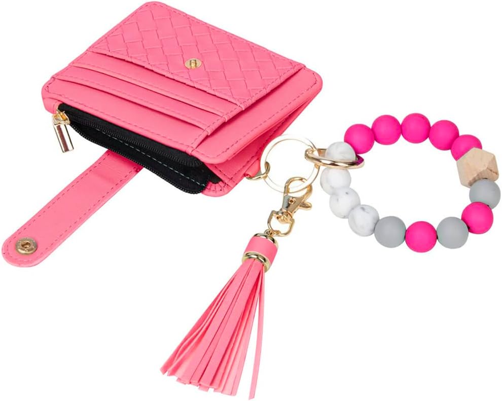 Wristlet Bracelet Keychain Credit Card Holder Purse,RFID Blocking Zip Slim Wallet,Silicone Bead Tassel Key Ring for Women (Rose) - Image 4