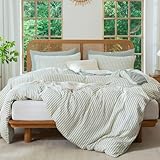 Striped Duvet Cover Queen Washed Microfiber Jacquard 3 Pieces Bedding Set, White Grayish Green Vertical Ticking Stripes Pattern Comforter Cover with Zipper Closure Breathable Durable Soft Comfy