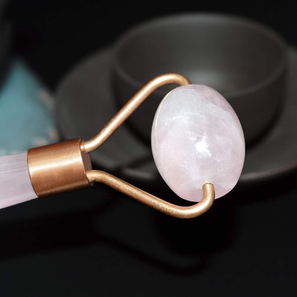 RODEREK Rodillo facial de cuarzo rosa, masajeador facial de jade para antienvejecimiento y antiarrugas, herramientas de belleza facial de jade natural (oro rosa)
