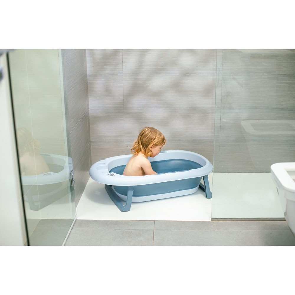 Składana wanna dla niemowląt Interbaby 80x47x21 cm | Składana wanna dla niemowląt z kubkiem do płukania, antypoślizgowa, szczelna nasadka | przenośna, łatwa do przechowywania, wygodna, niebieska