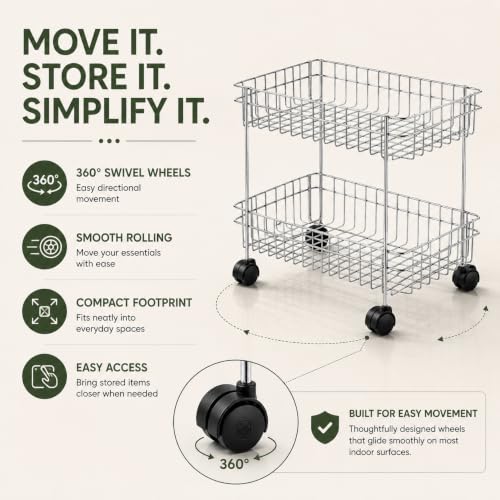 Image of TUNIS 2 Tier Stainless Steel Wire Storage Basket Trolley |Fruit & Vegetable Trolley with 360 Moving Wheels| Rack for Kitchen, Fruits, Vegetables & Grocery Storage, Movable Organizer Cart