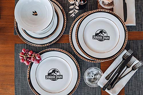 Jurassic Park Logo 16-Piece Ceramic Dinnerware Set Replica | Movie-Authentic Dinosaur Dish Set | Includes Dinner Plates, Salad Plates, Soup Bowls, Mugs | Place Setting For 4 #TOP3