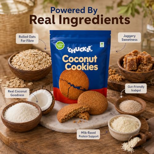 Image of Chuckle Coconut Cookies with Oats | Cookies without Maida & Palm oil | No Refined Sugar Jaggery Sweetened | Gluten Free | With Isabgol & Rolled Oats High Protein | Healthy Snack for Kids & Adults | 200g (4x50g)