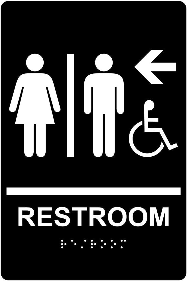 ComplianceSigns.com Restroom Left Sign, ADA-Compliant Braille and Raised Letters, 9x6 inch White on Black Acrylic with Adhesive Mounting Strips