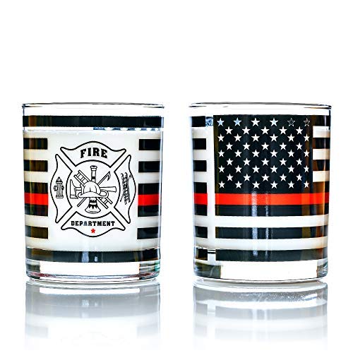Greenline Goods Thin Red Line Firefighter Whiskey Old Fashioned Glasses (Set of 2) - 10 oz - Classic Glass Drinkware with Fire Fighter Flag Graphics -Shows Support for First Responders