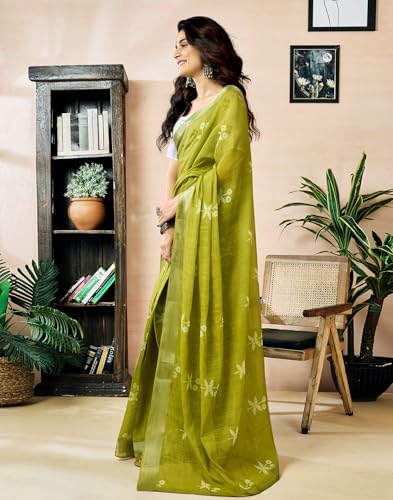 Image of SIRIL Women's Printed Cotton Linen One Minute Ready to Wear Saree With Unstitched Blouse Piece