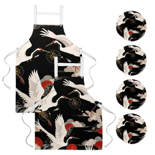 Lot de 2 tabliers de cuisine avec motif grue japonaise et 4 broches incluses