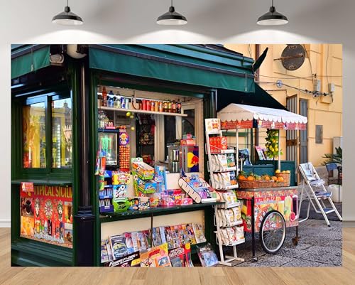 MAEQLQLM 17x10ft Sicilian Street Shop Backdrop Green Awning Snack Fruit Cart Magazine Background for Travel Theme Party Decor Photo Studio Booth Props Banner Wallpapers