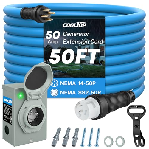 COOLTOP 50 Amp Generator Cord and Power Inlet Box Kit 50FT Extension Cable STW 6/3+8/1 AWG Generator Cord 125/250V NEMA 14-50P to SS2-50R Pre-Drilled Inlet Box Waterproof Combo Kit ETL Listed