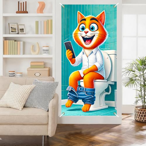 Image of Funny Cat Toilet Door Cover 35x71in Orange Tabby Humor