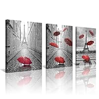 NAN Wind 3 Panels Modern Giclee Canvas Prints Paris Black and White with Eiffel Tower Red Umbrellas Flying Wall Art Landscape Wall Decor Paintings on Canvas Framed Ready to Hang for Home Decor