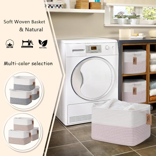 Image of COMFY-HOMI 3PACK Cotton Rope Square baske with Handles for Shelves|Dog Toy baske Bin and Storage|Baby baske for Gift|Shoe baske for Organizing|13.5 inch x 11 inch x 9.5 inch for Living Room(White /Pink)