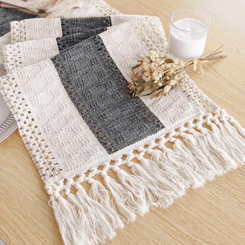 Image of FEXIA Boho Table Runner for Summer Home Decor with Tassels 72 Inches Long Farmhouse Grey Rustic Burlap Table Runner Macrame Table Decoration for Kitchen Bedroom Living Room (12x72 Inches)