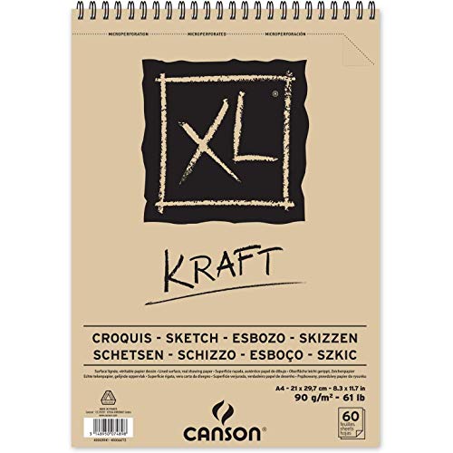 Canson XL, Papel Kraft, Verjurado, 90gsm, Espiralados sobre el lado corto, A4-21x29,7cm, Kraft, 60 Hojas