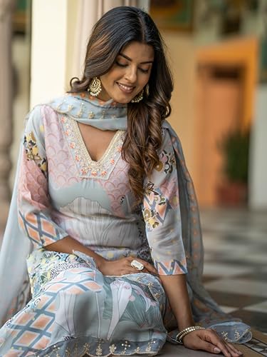 Image of Navlik Women's Organza Embroidered Straight Kurta with Pant and Dupatta Sets (NK2-453)