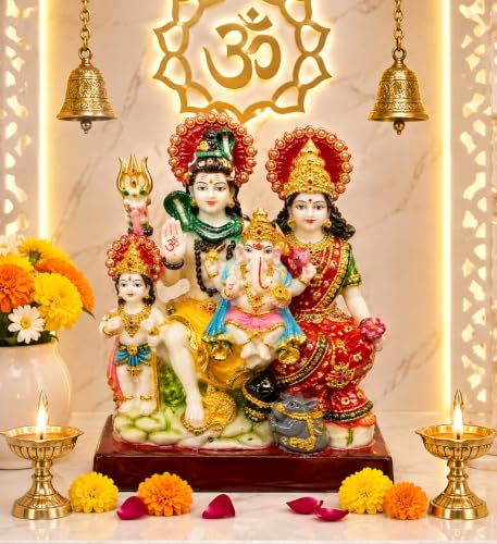 Image of Shiv Parivar Idol 8 Inch | Lord Shiva Maa Parvati Ganesh Kartikeya Murti with Nandi & Shivling | Premium Resin Mahadev Family Statue Showpiece for Home Temple, Mandir, Pooja Room | Diwali Return Gift
