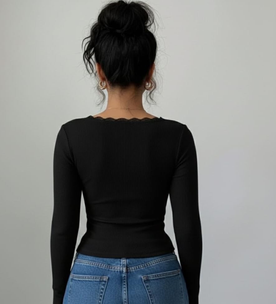 Image of Korean Deep Neck Lace Crop Top for Women, Full Sleeve Stylish Top, Trendy Slim Fit for Girls