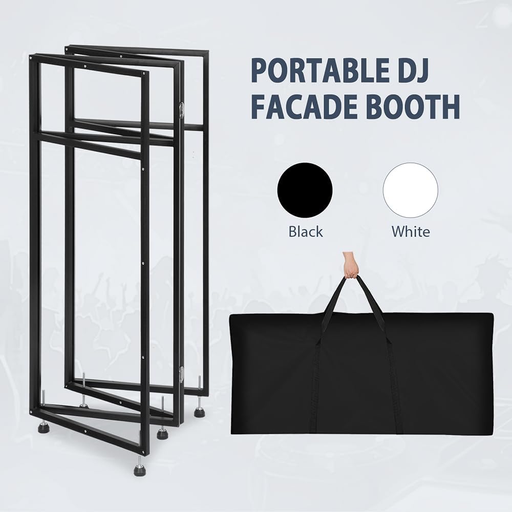 SMONTER Tavolo da DJ portatile con barra luminosa e telecomando – DJ Booth con passacavo, doppi angoli superiori, telaio in metallo, scrims neri e bianchi, 5 piedini regolabili e borsa per il