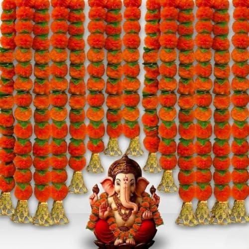 Image of Bindian Artificial Marigold Flower Toran 2.5 Ft Orange with Leaf & Bells | Decorative Bandanwar for Diwali, Pooja, Wedding, Festival, Home Entrance & Wall Decoration (Pack of 10)