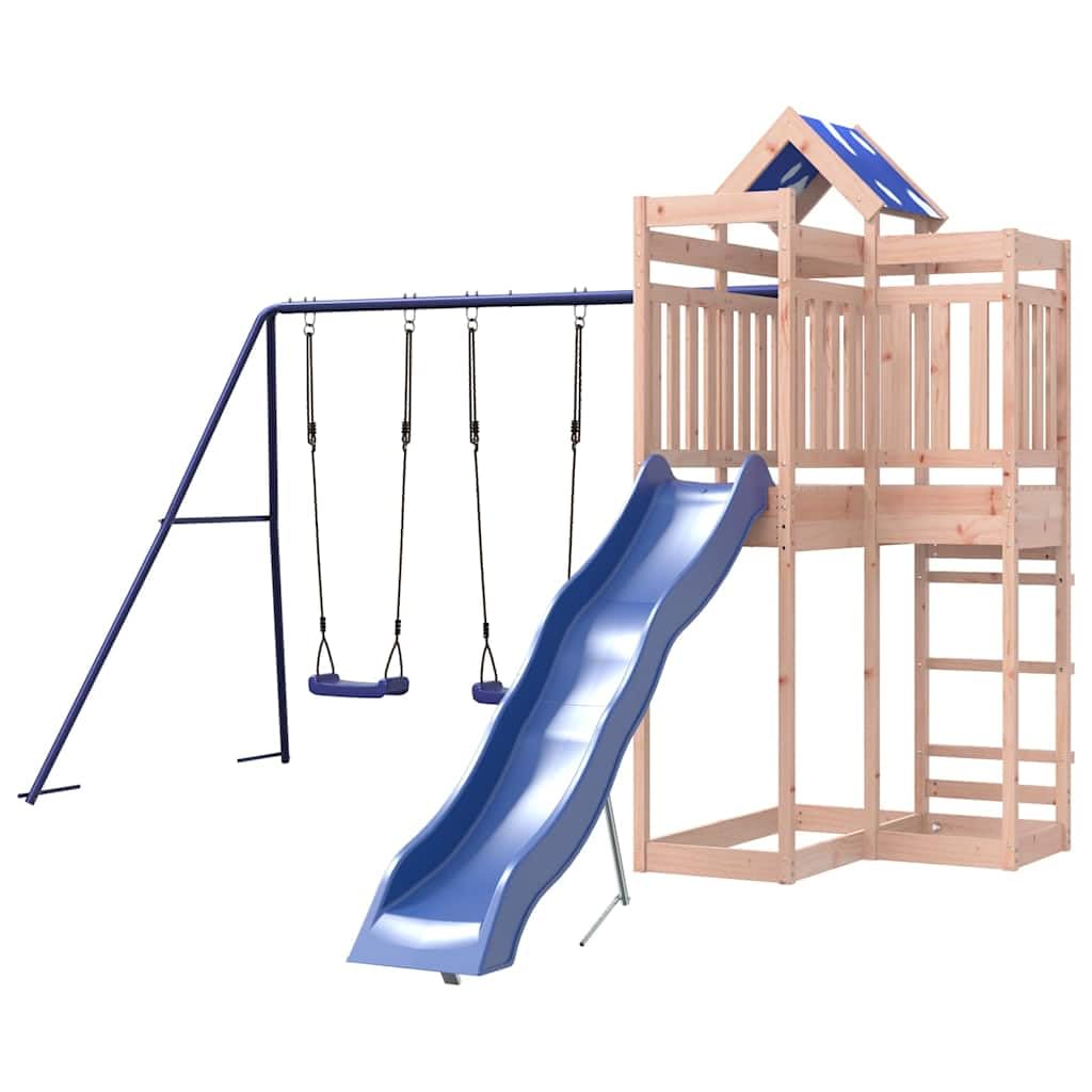 Torre da gioco in legno massiccio Douglasie con scivolo ondulato e doppia altalena, giocattolo da giardino per bambini dai 3 anni in su, struttura da arrampicata con sabbiera e altalena per