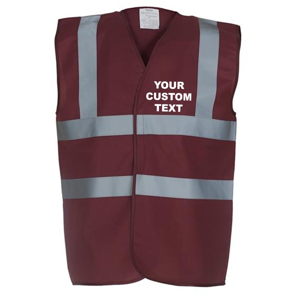 (L) YK001 Personalised Hi-vis 2-band-and-braces waistcoat, CUSTOM TEXT Hi vis vests Maroon FRONT print Large