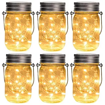 GIGALUMI Hanging Solar Mason Jar Lid Lights, 6 Pack 15 Led String Fairy Lights Solar Laterns Table Lights, 6 Hangers and Jars Included. Great Outdoor Lawn Decor for Patio Garden, Yard and Lawn.