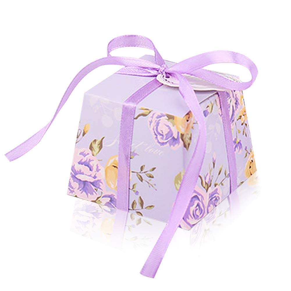 YFZYT Bomboniere Scatoline Carta Candy Scatole Regalo Piccole Carte e Nastro per Il Battesimo Matrimonio Confetti per Natale, Compleanni, Feste, Matrimoni - 100 Pezzi(9.2 * 9.2 * 7cm), Viola#2