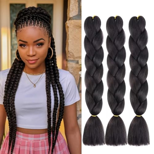 Black Braiding Hair Hair for Braiding 24 Inch 100G/Pcs 3PCS High Temperature Fiber Jumbo Braiding Hair Extensions (Natural Black 1B)