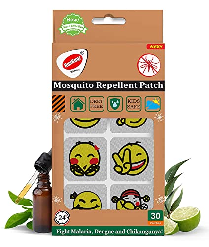 RunBugz Natural Mosquito Repellent Smiley Patches for Babies & Kids | 24H Protection | DEET-Free | Citronella, Lemongrass & Eucalyptus Oil | Dengue & Malaria Protection | 30 Multicolor Patches