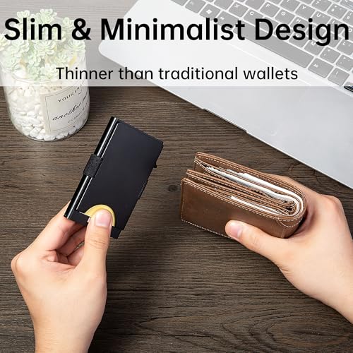 Image of Slim Card Holder Wallet for Men, Minimalist RFID Blocking Pop Up Wallet, Smart Metal Business Card Case Holds 12 Cards, Ultra-Thin Front Pocket Wallet, Gifts for Men