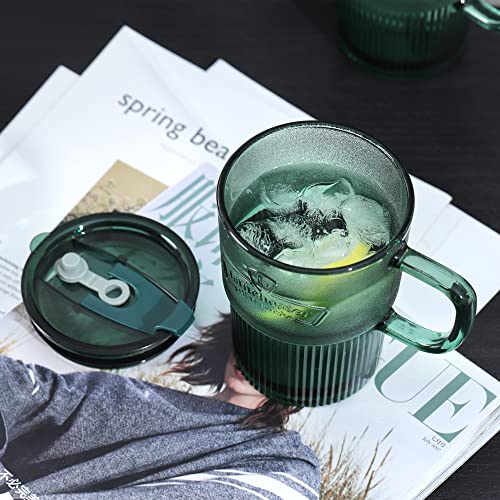 Joeyan Glass Coffee Cups Tumbler With Handle Lid And Straw,Smoothie Iced Coffee Tea Glasses Mug,Green Colored Drinking Jar For Water Juice Beverages Soda Milk,15Oz,Set Of 2,Dishwasher Safe #TOP4