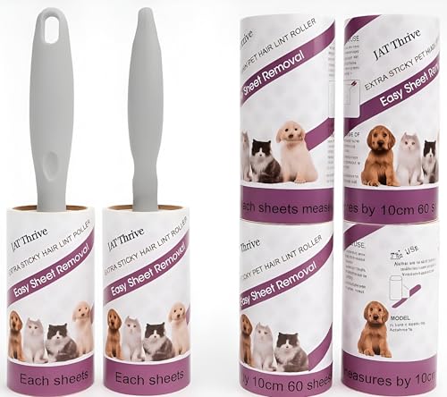 JAT Thrive Lint Roller for Pet Hair 360 Sheets 6 Refills with 2 Handles Strong Adhesive Hair Remover for Clothes Sofa Carpet Furniture Car Dog and Cat Fur Easy Tear Travel Friendly Kit