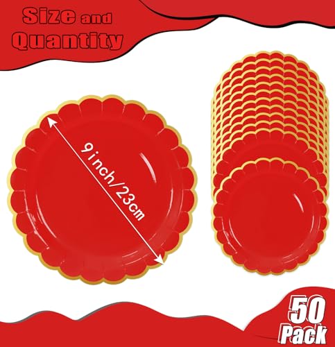 Image of HEIPINIUYE 50 Pieces Red Paper Plates with Gold Foil 9 Inch Disposable Red Scalloped Dinner Plates for Wedding Baby Shower Birthday Party Dessert Plate