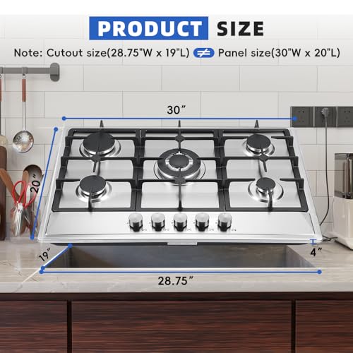 30 Inch 5 Burner Gas Cooktop - Stainless Steel Built-in Stovetop with NG/LPG Convertible, Auto Ignition & Safety Shut-Off, Ideal for Countertop - Image 3