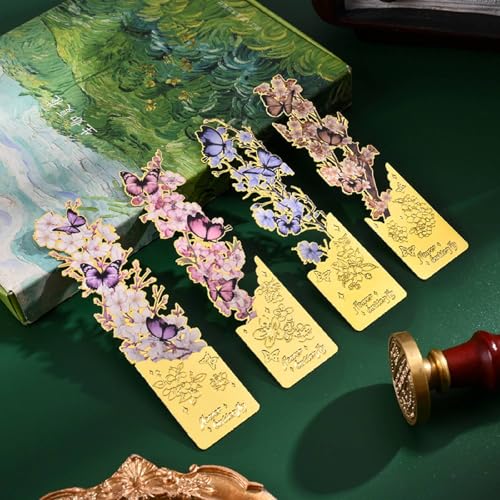 Image of Butterfly Metal Bookmark Set of 4, Vintage Cutout Rose Flower Sunflower Tassel Decorative Book Markers for Books, Textured Reading Accessories Gifts for Women Men Students