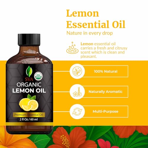 Image of SVA Lemon Essential Oil Organic - 2 Fl Oz - 100% Natural Organic Lemon Oil - for Diffuser, Hair, Face, Skin Care, Aromatherapy, Scalp and Body Massage, Soap and Candle Making - with Dropper