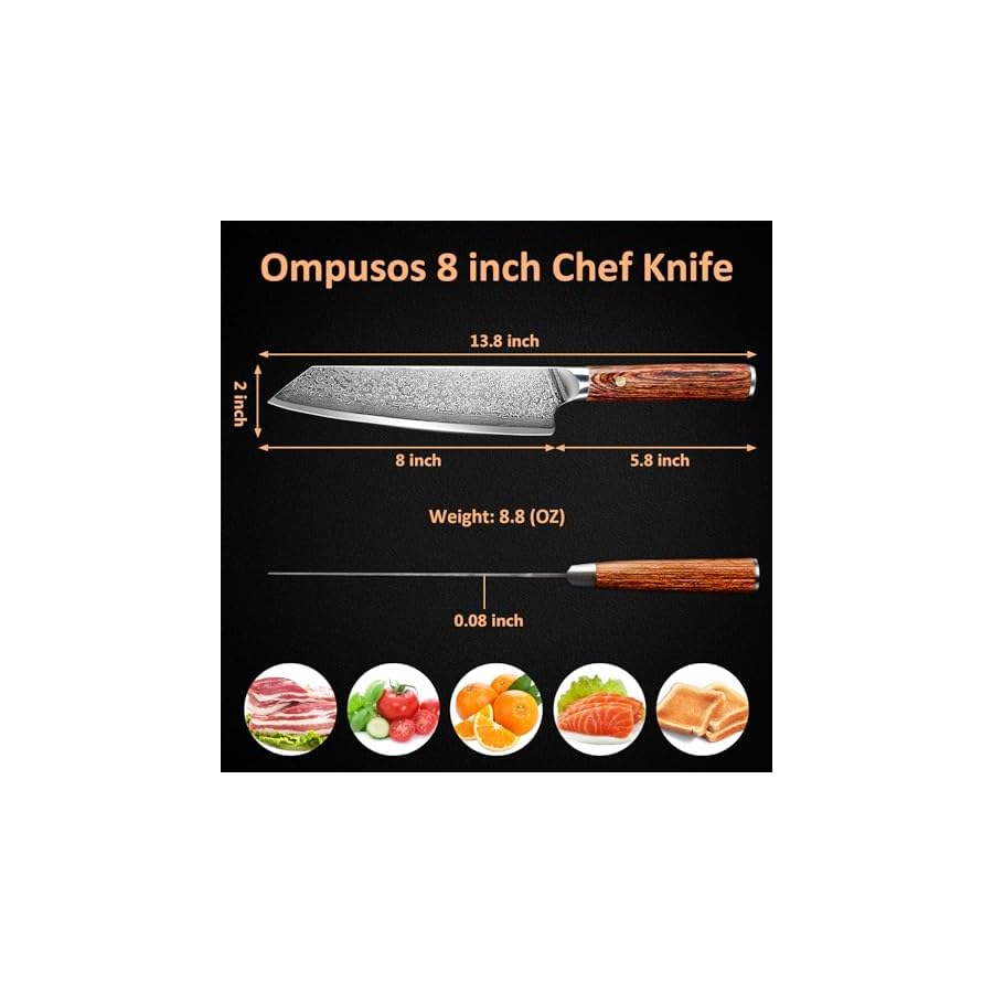 Ompusos-Chef-Knife-8-Inch-Super-Sharp-Pro-Japanese-Kitchen-Knives-Damascus-Chefs-Knife-VG-10-High-Carbon-Stainless-Steel-Ergonomic-Wooden-Handle-Cooking-Knife-Gift-Box-for-Family-Restaurant Ompusos Chef Knife 8 Inch, Super Sharp Pro Japanese Kitchen Knives, Damascus Chefs Knife VG-10 High Carbon Stainless Steel, Ergonomic Wooden Handle Cooking Knife, Gift Box for Family & Restaurant