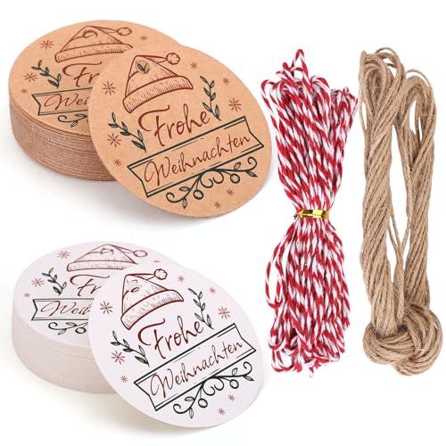 Kesote Etiquetas de regalo de Navidad, 100 unidades, etiquetas para etiquetar, papel de estraza con cuerda, decoración de Navidad, regalo de Navidad