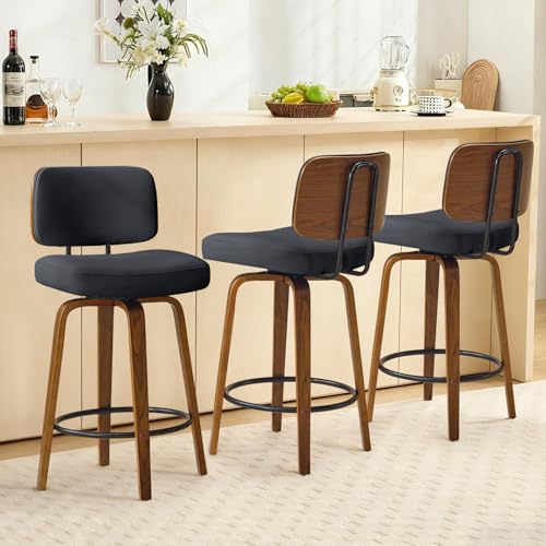 Image of Counter Height Bar Stools Set of 3, 26+inch Swivel Faux Leather Barstool with Back, Upholstered Mid-Century Modern Bar Chairs with Bent Wood Legs for Kitchen Counter, Dining Room, Black