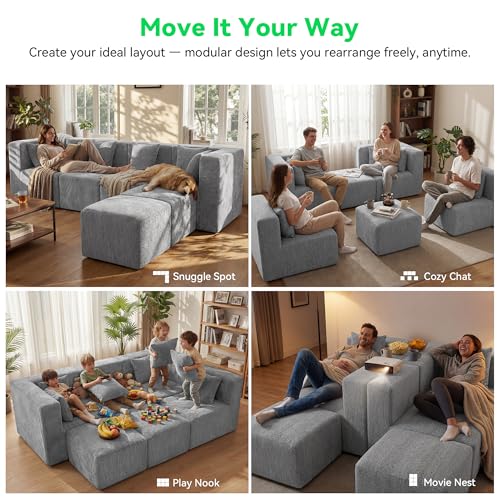 Image of MONVANE 130'' Oversized Boneless Sectional Couches for Living Room, 6-Seat U Shaped Cloud Couch, Modular Sofa with Ottoman & 6 Throw Pillows, Comfy Chenille, No Assembly Required, Light Gray