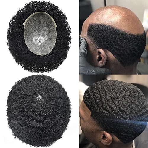Healthlif Afro Toupee for Black Men - Brazilian Kinky Curly Hair Replacement Unit - PU Injection Hairpiece for African American Men - #1B Off Black, 8X10 6MM Afro Wave