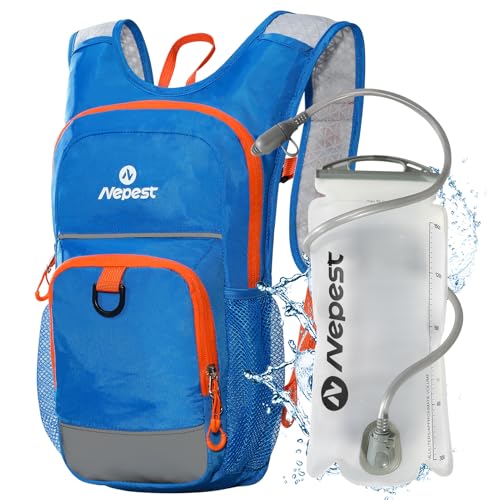 Nepest Mochila de hidratación para niños, mini mochila de agua con bolsa de agua de 1.5 L para senderismo, ciclismo, correr, color azul