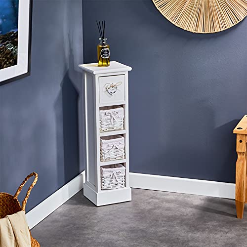 IDIMEX Chiffonnier Flower H 70 cm en Bois Massif Blanc avec 1 tiroir et 3 paniers Petite Commode Style Shabby Chic Vintage Rustique Romantique