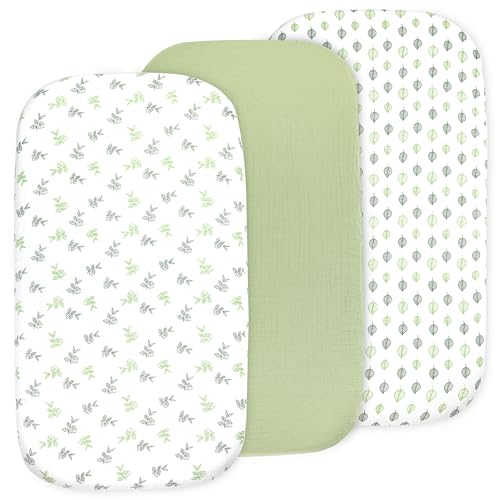 Image of 3 Pack Organic Muslin Bedside Bassinet Sheets Compatible with Mika Micky, Baby Delight, Dream On Me, AMKE and Other Bassinet Pads Size Between 17-21 in Width, 29-33 in Length, and 1.5-4 in Thick
