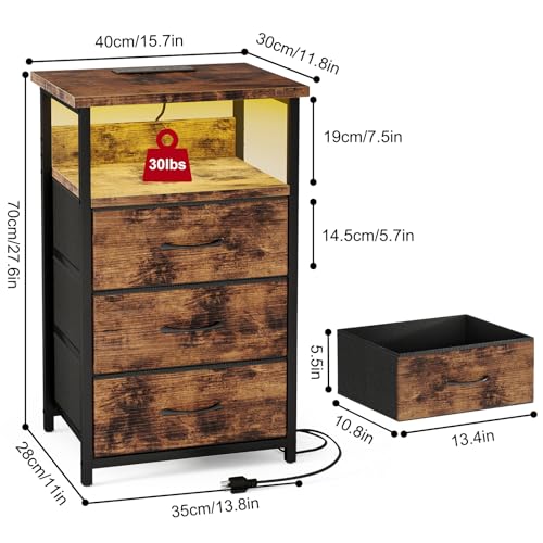 Image of Fixwal Night Stand with Charging Station, LED Nightstand with Fabric Drawers, End Table with PU Finish, Bed Side Table, Rustic Brown (Pack of 2)