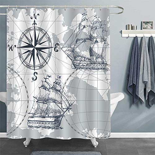 MitoVilla Vintage Nautical Sailboat World Map Shower Curtain, Pirate Ship, Compass and Anchor Bathroom Decor for Men and Kids Boy Gifts, Waterproof Washable Fabric Bathroom Accessories, Grey, 72 x 72