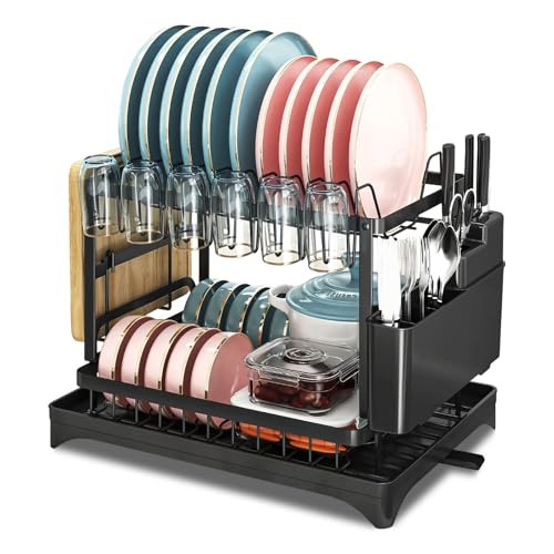 Ecofocet Escurridor de Platos, Soportes para Platos de 2 Niveles, con Drenaje Automático, Soporte para Utensilios, Estante de Dish Escurreplatos Cocina, 42×29×29cm, Negro